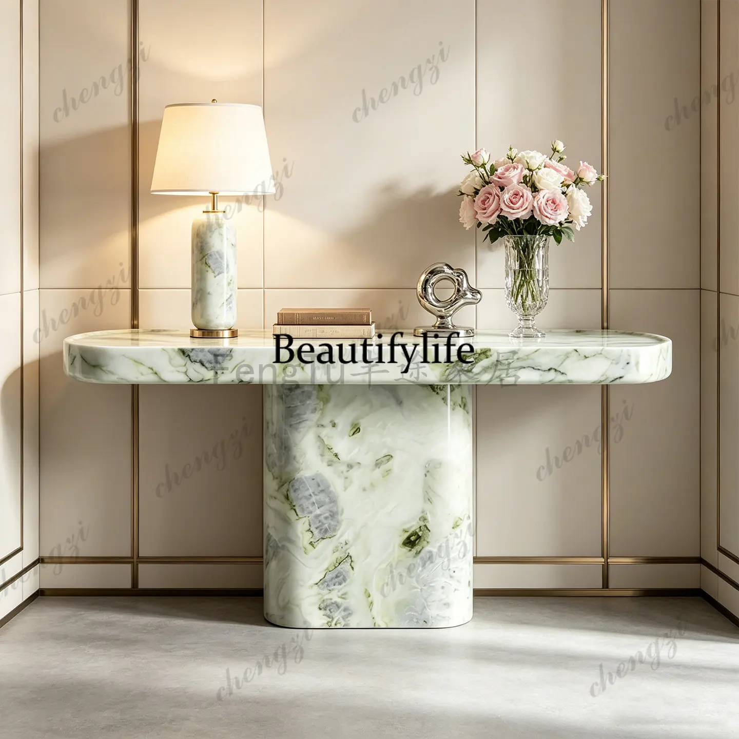 Italian light luxury high-end natural marble entrance table designer hotel entrance table