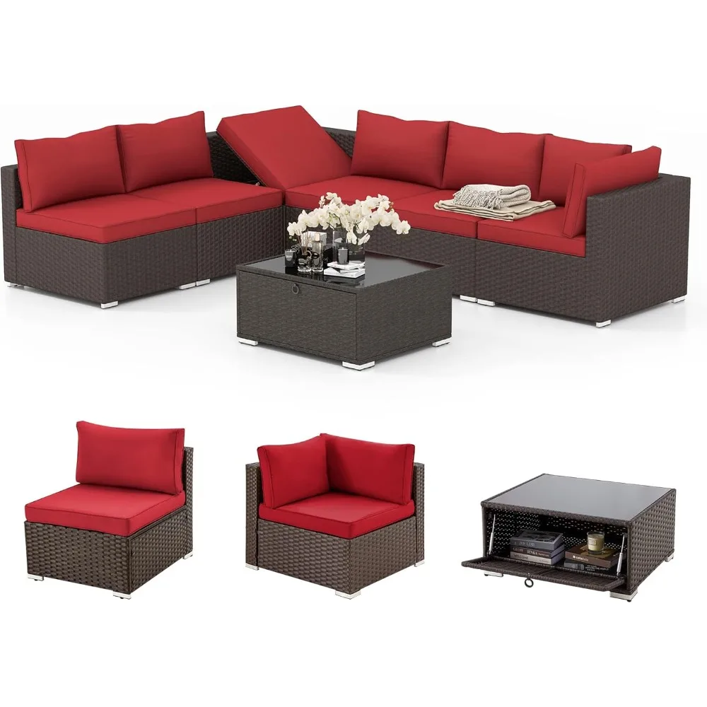 

7 Piece Patio Furniture Set with Adjustable Bracket All-Weather Wicker Conversation Set with Coffee Table for Porch Garden Back