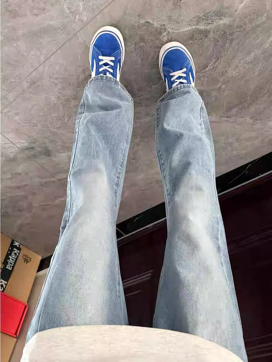 

Light Blue Bell Bottom Jeans Women's Spring Autumn Thin Small Size Washed CleanFit Slim Fit Denim Long Pants High Waist Zippe...