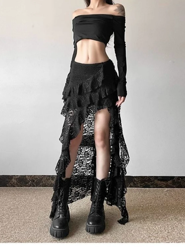 Deeptown Elegant Boho Lace Ruffle Skirt Women Vintage White Tulle Irregular Skirt Korean Style Street Summer Layered Mid Skirts