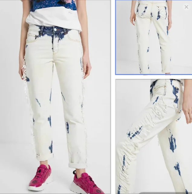 

New fashionable patchwork high-waisted straight-leg 9-inch jeans from Spring, Spain, for export