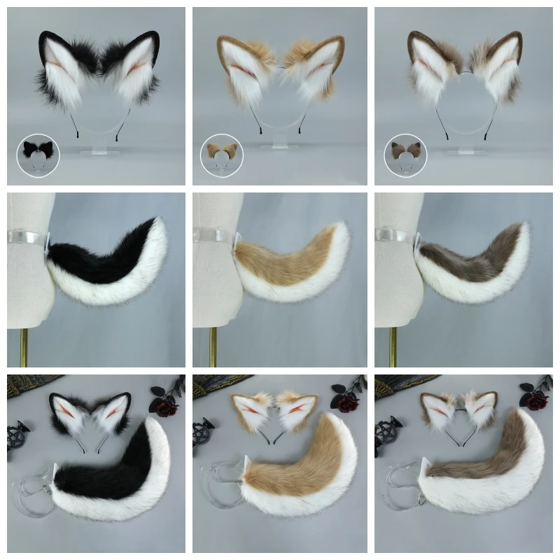 Plush Dog Ears Tail Furry Animal Beast Ear Hairband Hair Hoop Faux Fur Cat Ear Wolf Tail Anime Cosplay Costume Accessories Props