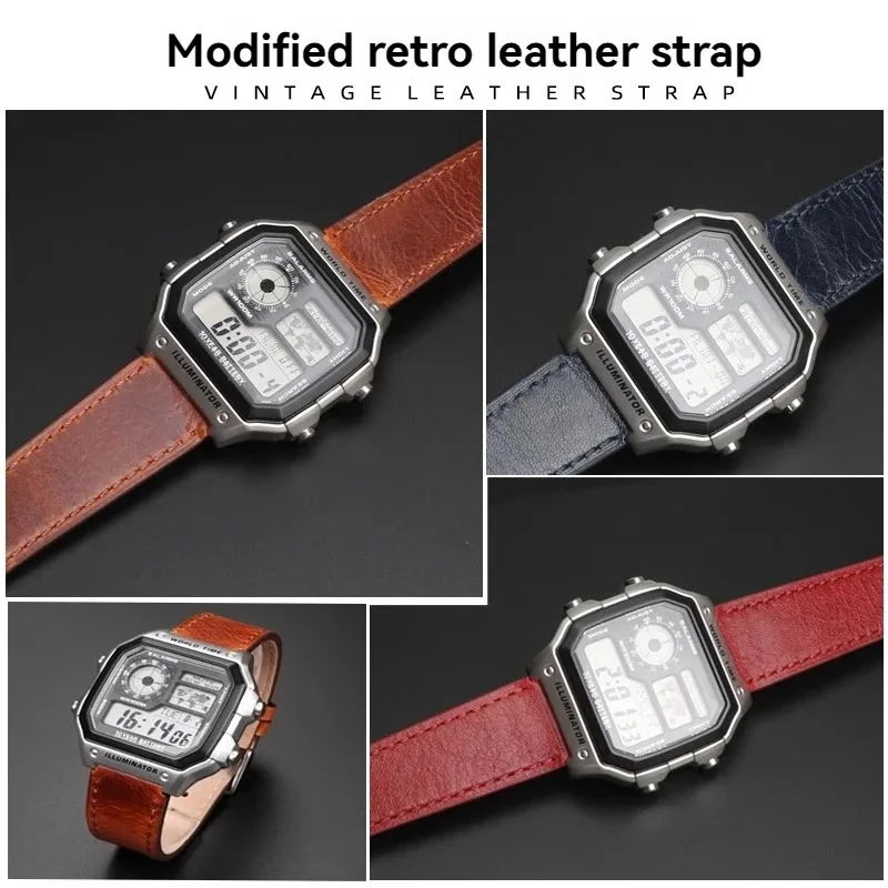 AE1200 Case Mod Kit for Casio 3299 AE-1200 AE-1200wh AE1300 Bezel Glass Stainless Steel Calfskin Vintage Cowhide Watch Strap