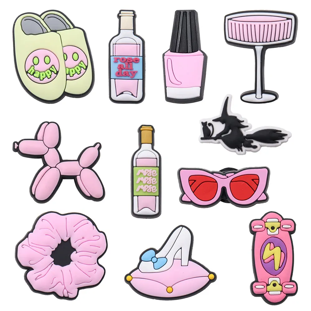 

Mix 50PCS PVC Pink Shoe Charms Wizard Wine Happy Rose All Day Hair Tie Heels Sandals Shoes Decoration Hole Slipper Accessories