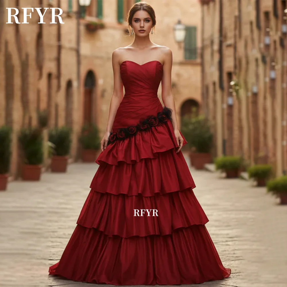 

RFYR Burgundy Party Dress with Layers Evening Dress A Line Prom Dress Satin Princess فساتين مناسبة رس Customized
