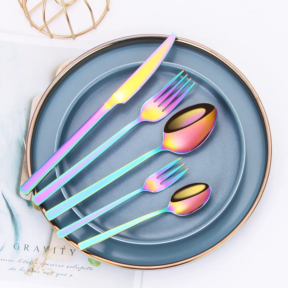 

Tableware Sets Stainless Steel Cutlery Spoon Fork Knife Set Gold Cutlery Rainbow Dinnerware Set 5 Pieces with Tea Fork
