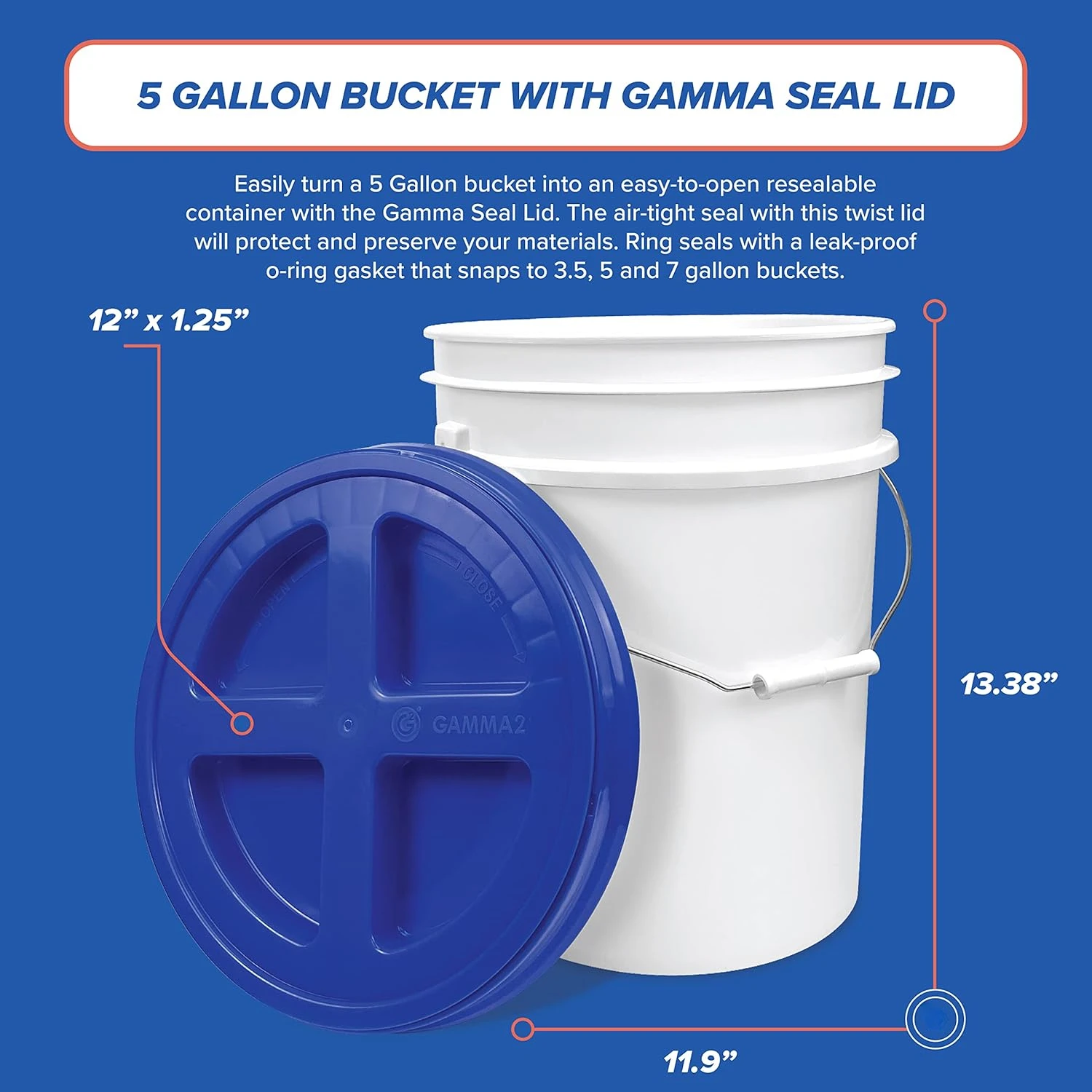 5 Gallon Bucket with Gamma Seal Screw on Airtight Lid,Food Grade Storage,Premium HPDE Plastic,BPA Free,Durable 90 Mil Purpose