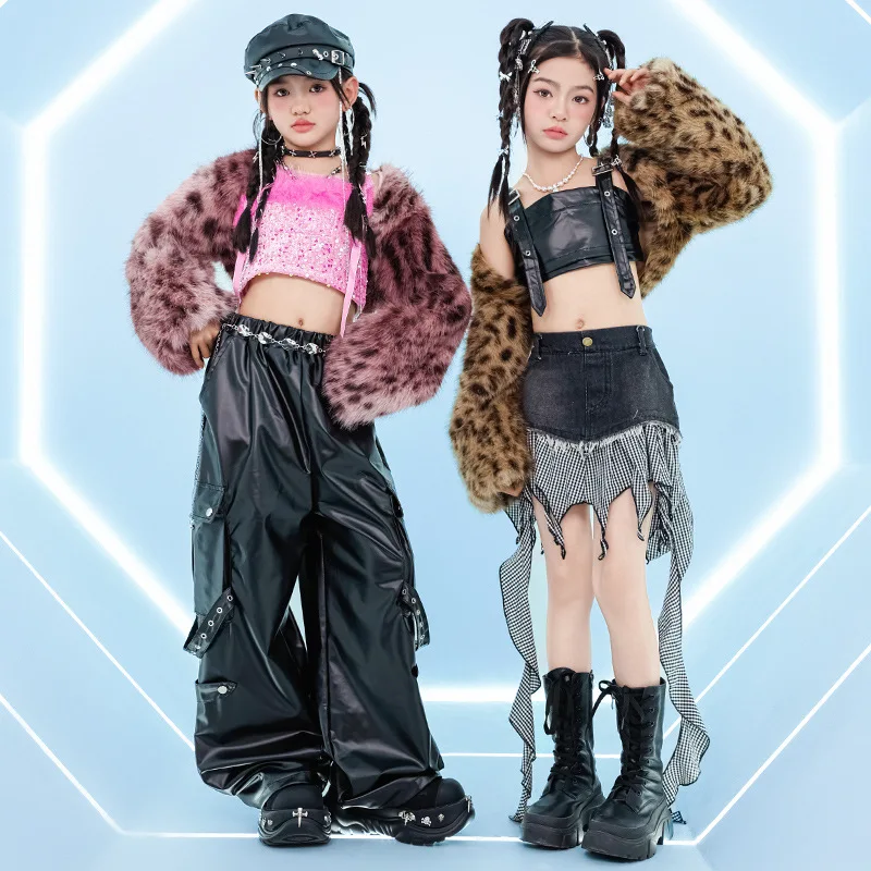 女の子 Kpop 衣装ジャズダンスショーパフォーマンスウェアヒョウコート黒パンツ子供ファッションランアウェイステージ服ストリートウェア VDL4966