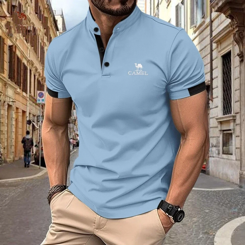 

New Men's Embroidery Brand Waffle Henley Short Sleeved Polo Shirt, Summer Fashion, Business Casual Multifunctional Top