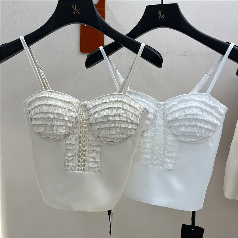 

Summer New Lace Patchwork Cross Strap Women's Tank Top with Chest Pad Sexy Versatile Breathable Short Length Color