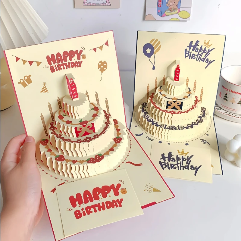 Handgefertigte farbige Geschenkkarten für Geburtstagskuchen, kreative 3D-Grußkarte mit 3D-Motiv, Weihnachts-Einladungskarte