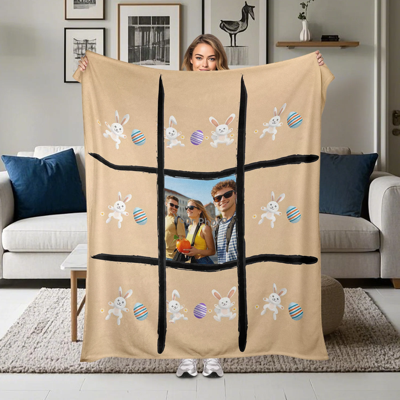 

Easter Flannel Blanket With Custom Images, Soft Rabbit And Egg Design For Family And Friends Celebrations