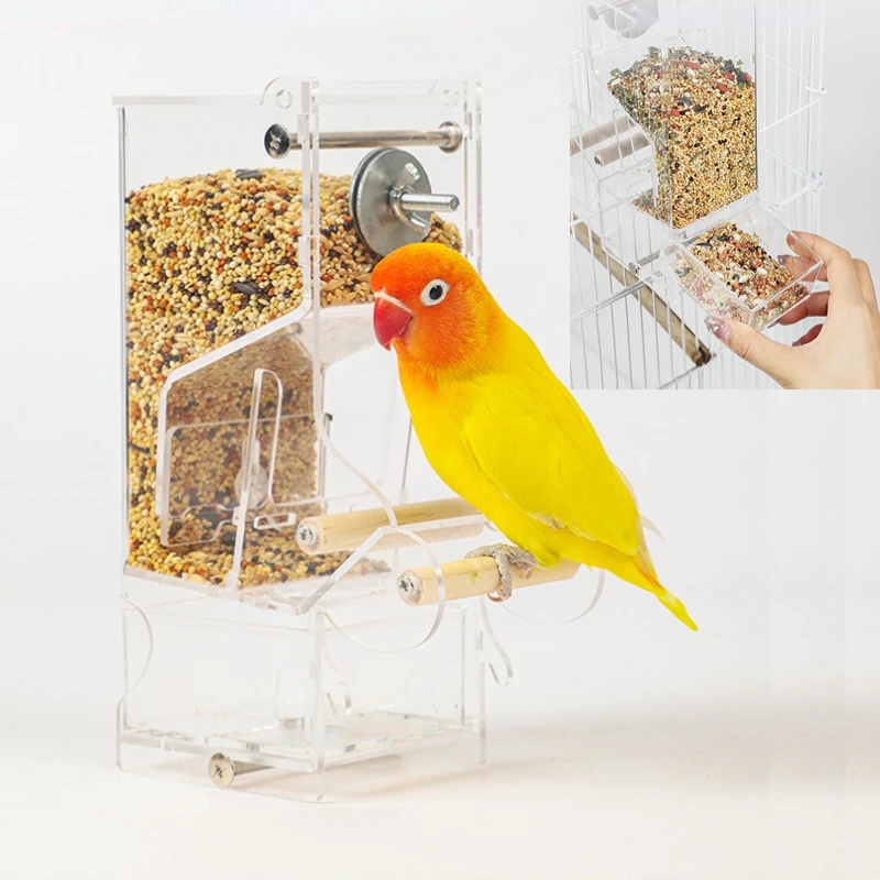 

Acrylic No-Mess Bird Feeder Automatic Seed Food Dispenser with Perch for Parrot Budgie Lovebird Cage Accessories Parrot Feeder