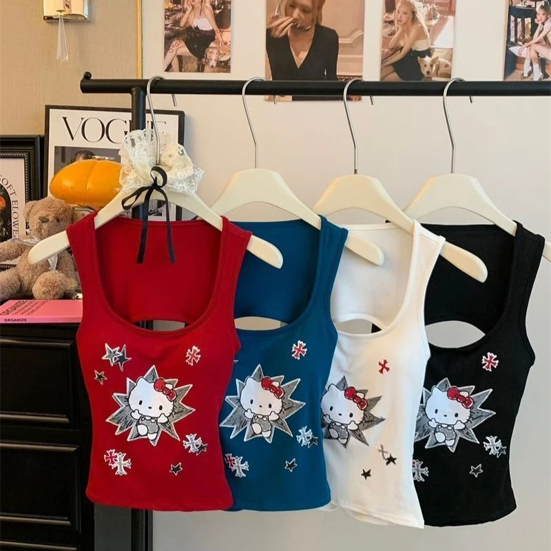 

Sanrio Hello Kitty майка с героями мультфильмов, женский топ на бретельках с принтом, модный топ для девочек с открытой спиной и без рукавов, облегающий топ
