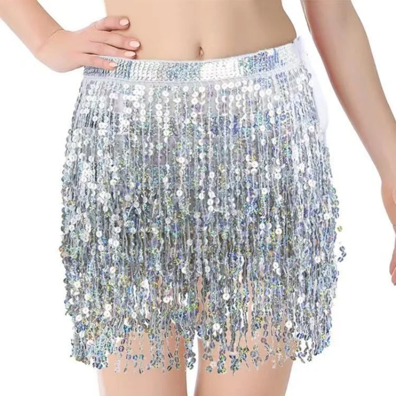 

Серебряная юбка с кисточками и блестками, блестящие юбки для танца живота, шарф с бахромой на бедрах для фестиваля