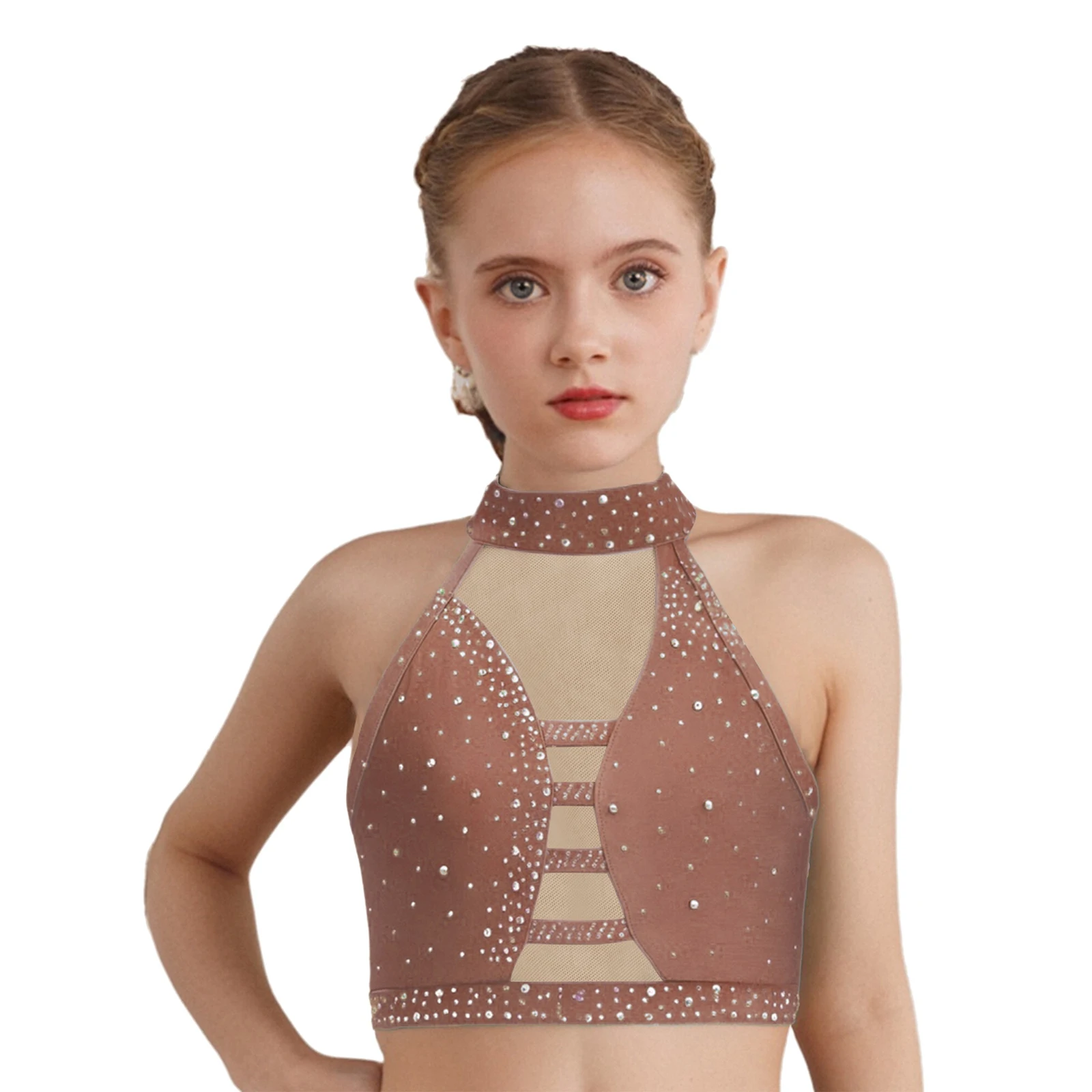 

Kids Girls Latin Jazz Dance Costume Halter Crisscross Back Mesh Patchwork Sparkling Rhinestones Crop Top Gymnastics Dance Wear