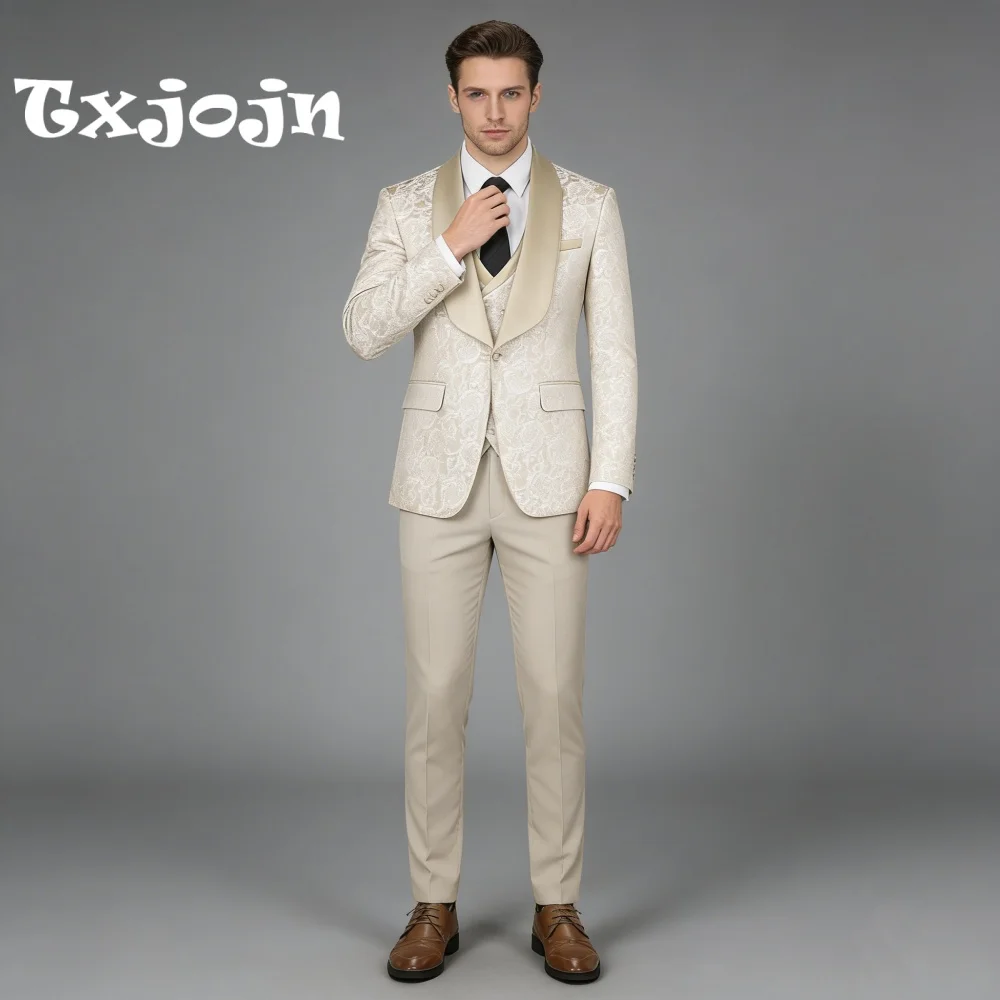 

Gorgeous Floral Jacquard Shawl Lapel For Men Wedding Formal Single Breasted Suit Groom Suit Set Jacket Vest Pants Customized
