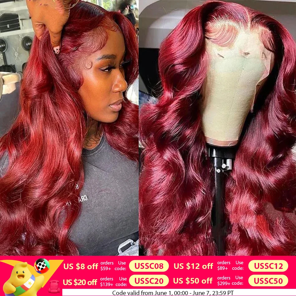 Body Wave Wig Burgundy Lace Front Wig 13x4 13x6 Hd Lace Frontal Wig 360 Full Lace Wig Human Hair Pre Plucked 99j Red Colored Wig