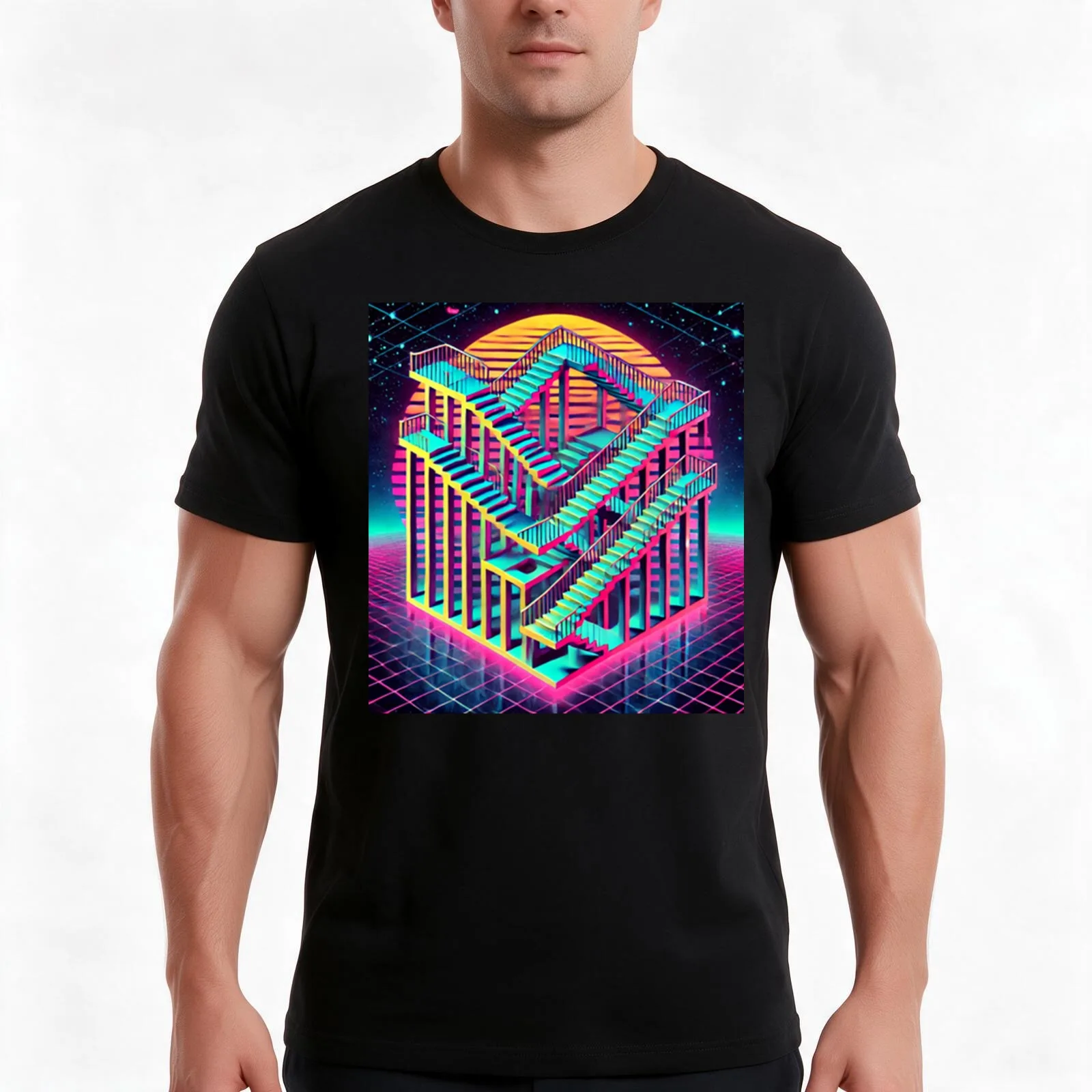 Retro Illusions: An 80s Escher Tribute T-Shirt, Summer Casual Cotton Tee, Oversized Streetwear Tops, Vintage Graphic Print