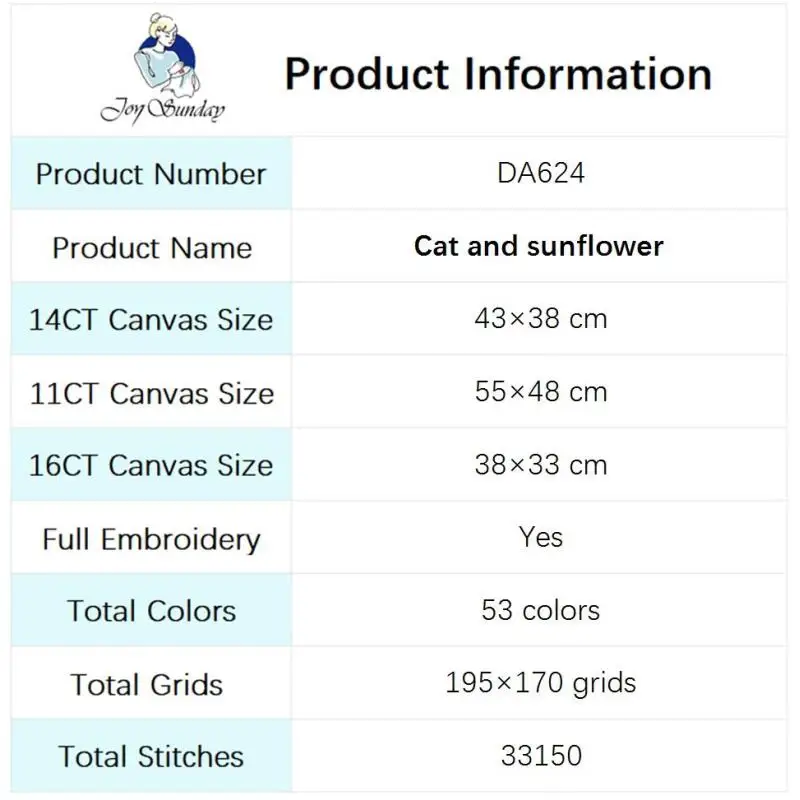 Joy Sunday Cross Stitch Kits Cat and Sunflower Pattern 14CT 16CT 11CT Count Printed Set DIY Animal and Flower Pattern Embroidery