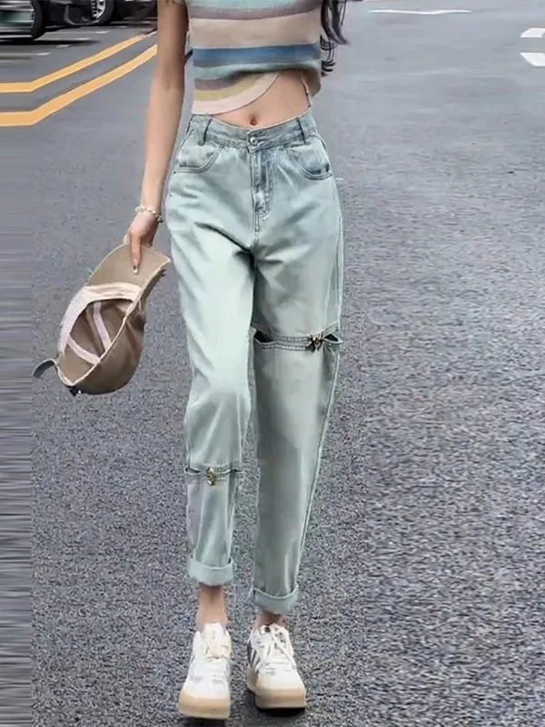 

High Waist Loose Fit Denim Jeans for Women with Hole Pear Shape Body Slimming Short plus Size Knife Pants