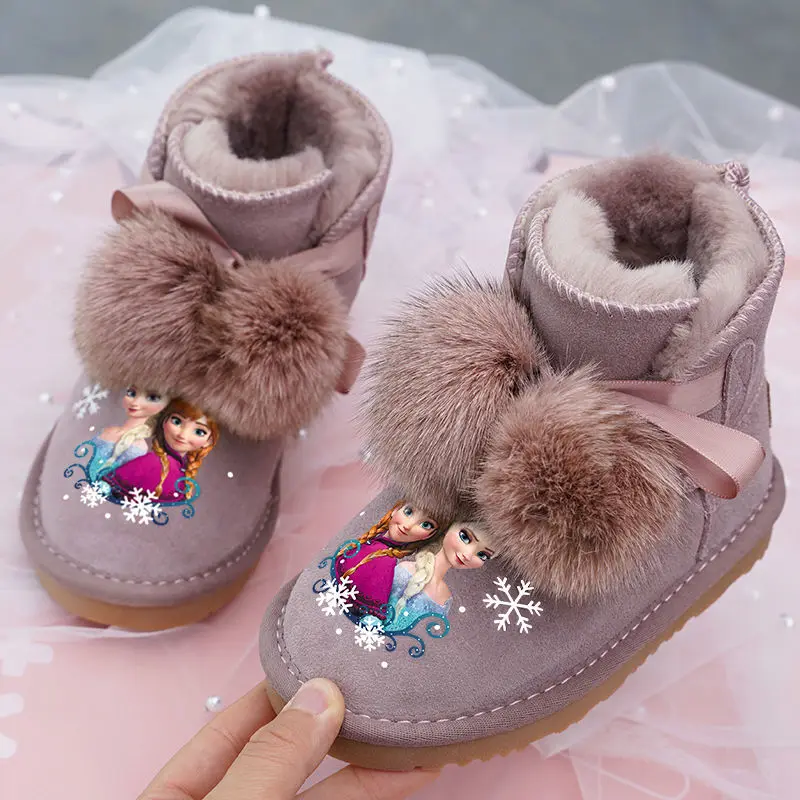 Disney Children\'s Cartoon Ankle Snow Boots frozen princess Elsa Anna Non-slip Thick Warm Cotton Shoes fashion Bow Size 23-37