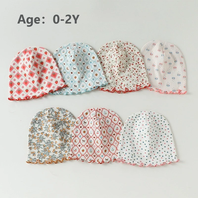 

Baby Ruffle Edge Hat Spring Summer 100% Cotton Cute Floral Strawberry Polka Dot Print Thin Beanie for Boys & Girls All Season