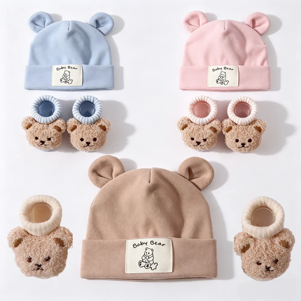 2-teiliges Set aus Bärenohren-Baby-Mütze und Stricksocken, Baumwolle, Neugeborenen-Kopftuch, Mützen, Herbst-Winter-Warm-Kinder-Pullover-Mütze, Baby-Accessoires – Detail 1
