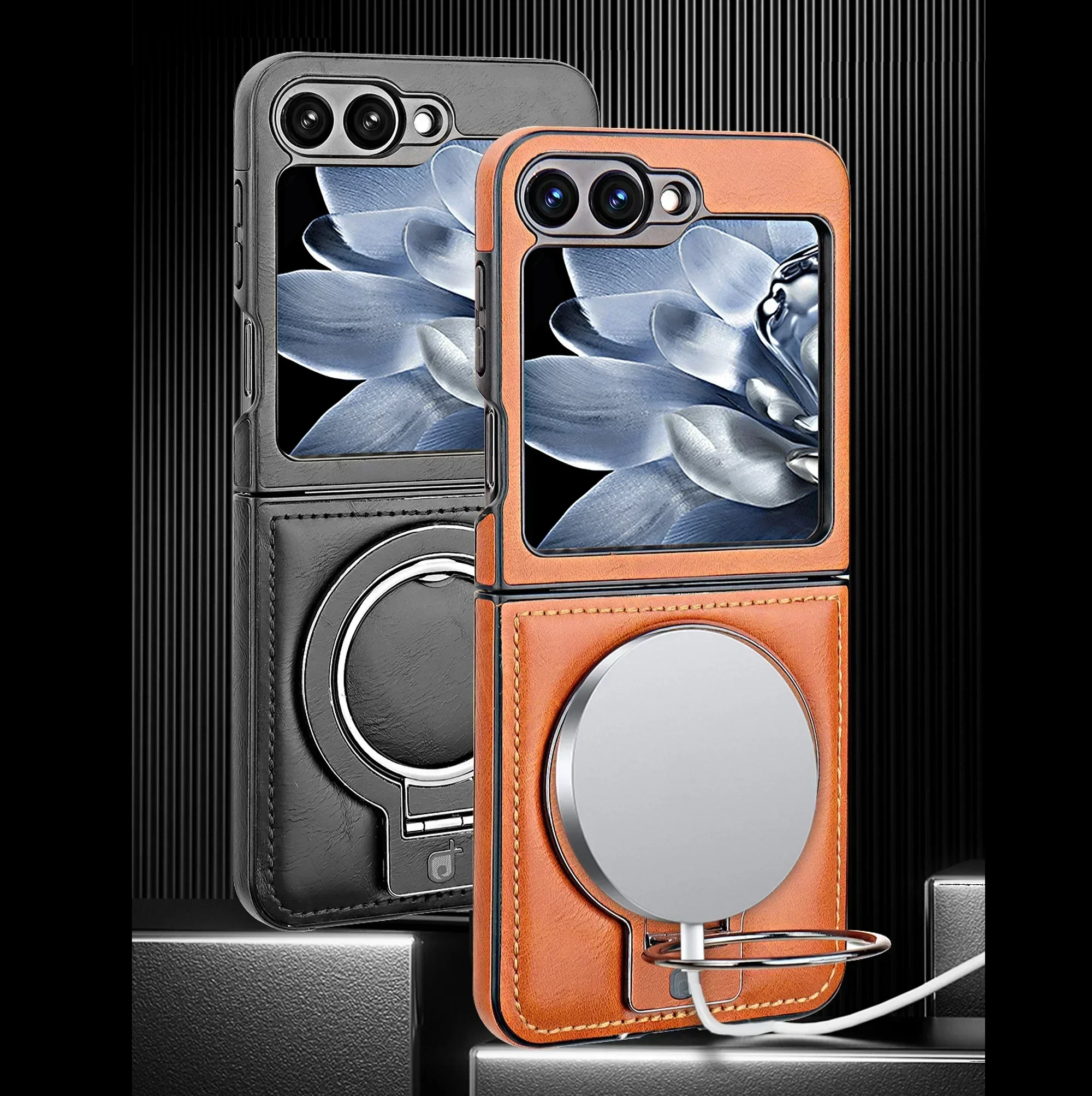 Magnetic Ring Holder Leather Case for Samsung Galaxy Z Flip 6 5 4 3 Aluminium Stand Wireless Charging Shockproof Cover Accessory
