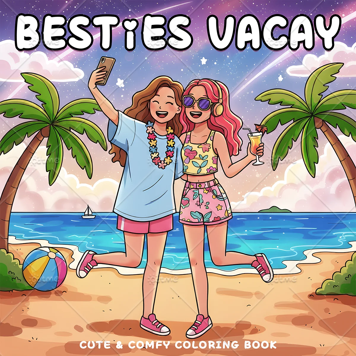 BESTIES VACAY Kleurboek voor volwassenen met opvallende, eenvoudige cartoonpatronen voor ontspanning Kinderen DIY Schilder- en tekenboeken