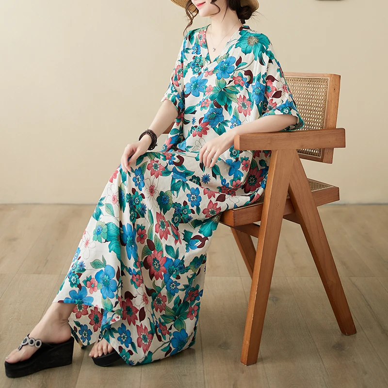 Rok A-Line Katun Linen Longgar Model V-Ne, Lengan Kelelawar, Gaya Pantai Vintage, Ukuran Besar, Santai Musim Panas, Manis