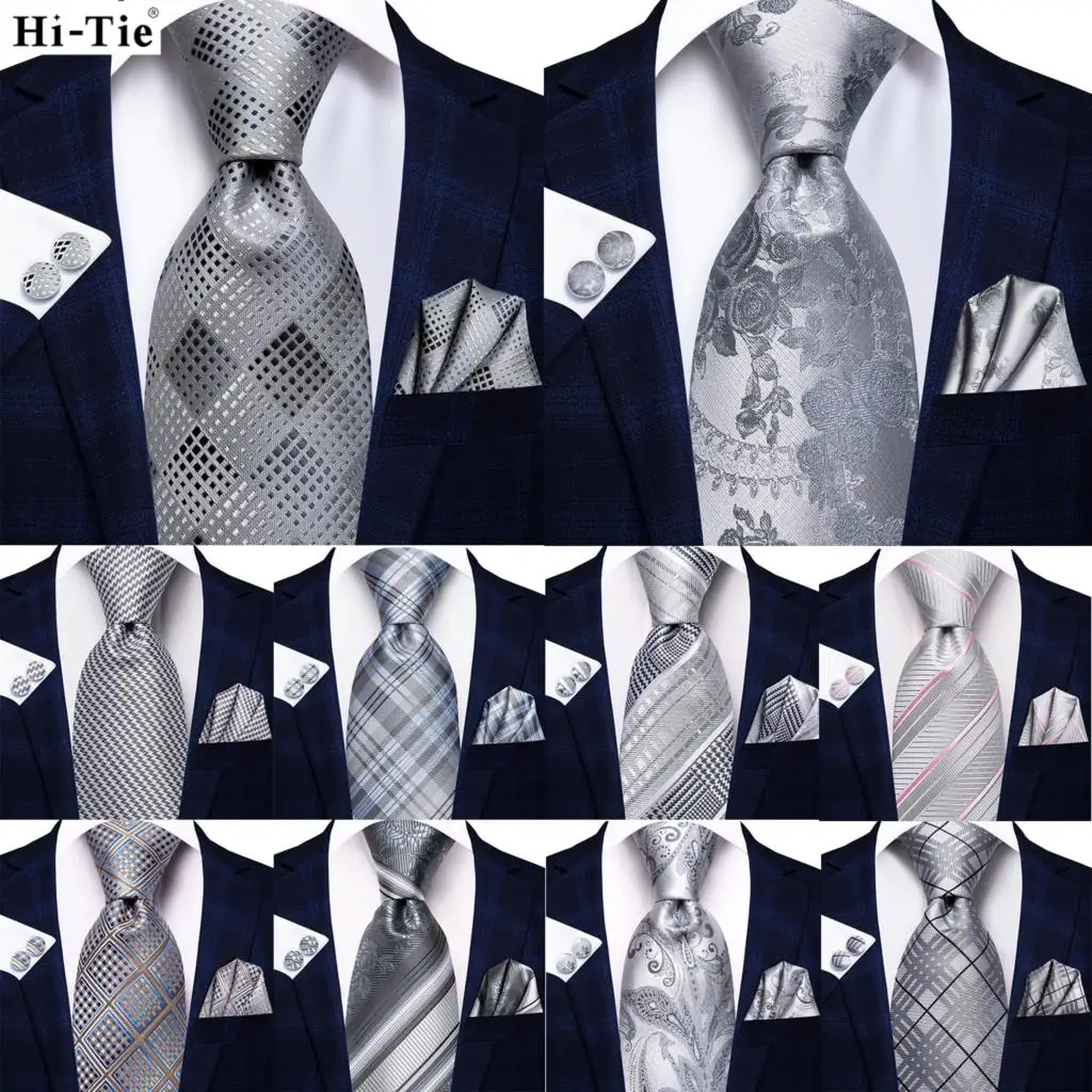 Silver Grey Striped Tie for Men 2023 New Fashion Brand Wedding Party Necktie Set Handky Cufflinks Gift Wholesale Hi-Tie Designer