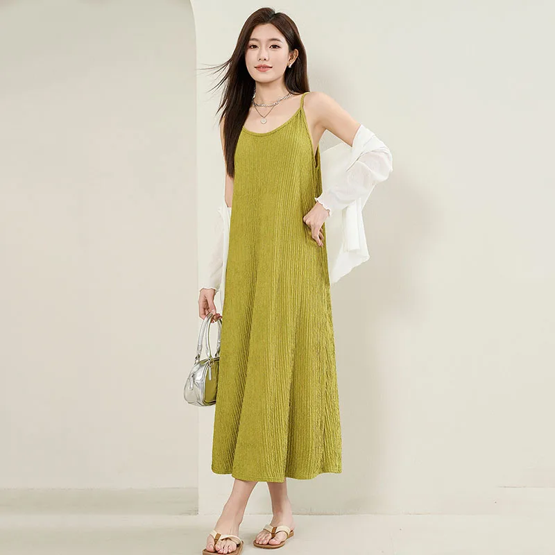 女性スパゲッティストラップドレス 2025 夏ソリッドカラールーズロングビーチサンドレス怠惰なエレガントなノースリーブイブニングパーティーミディド​​レス