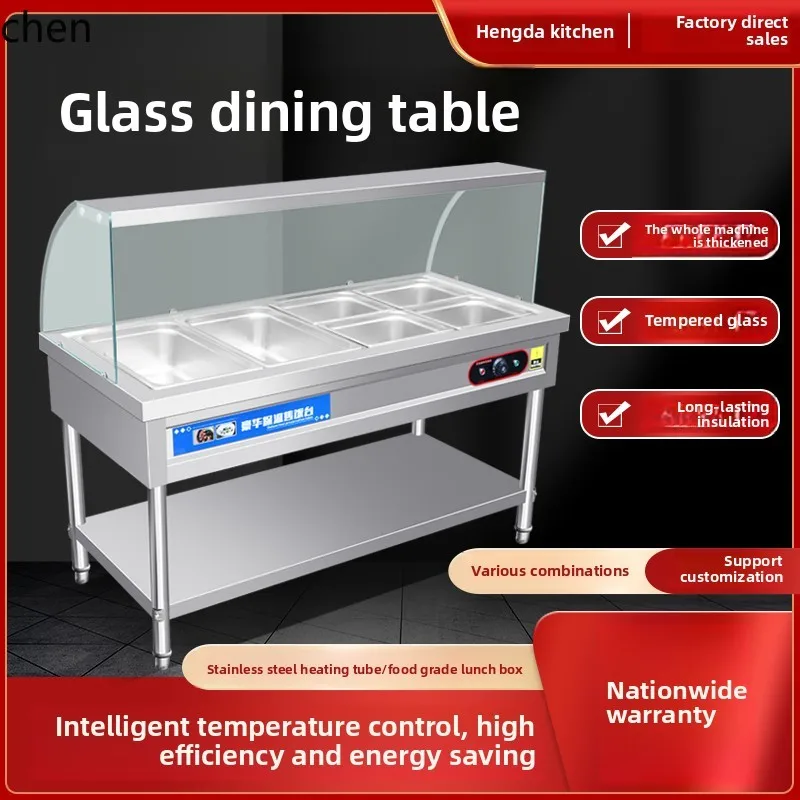 HTT 패스트 푸드 절연 테이블 수직 스테인레스 스틸 캔틴 전기 난방 패스트 푸드 트럭 유리 커버 수프 풀