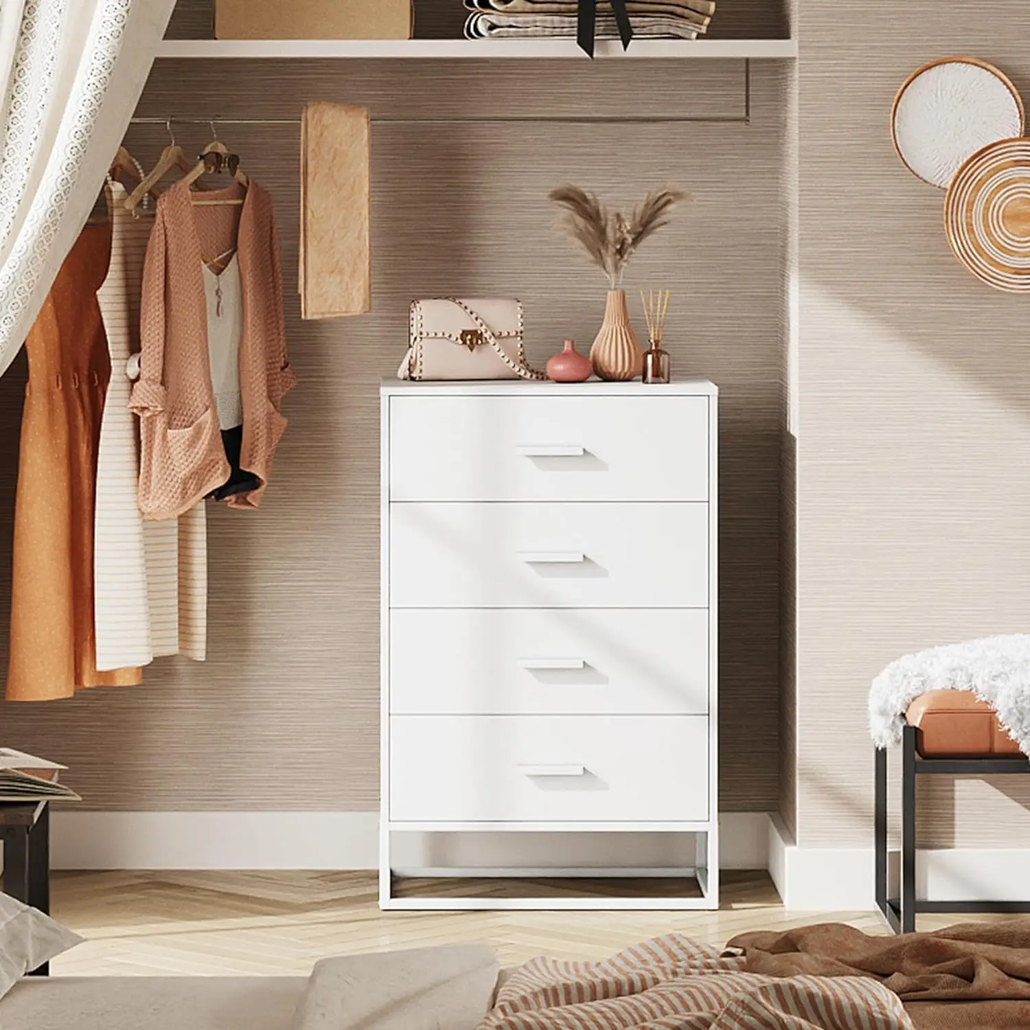 Dresser for Bedroom with 4 Drawers, Nightstand,Tall Chest of Drawers Sturdy Metal Frame for Hallway, Living Room, Closet,