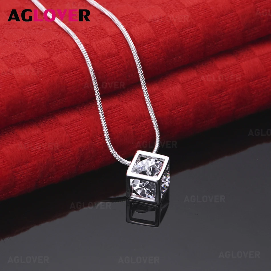 

AGLOVER 925 Sterling Silver Zircon Cube Pendant Necklace Exquisite and Cute Wedding Engagement Party Jewelry
