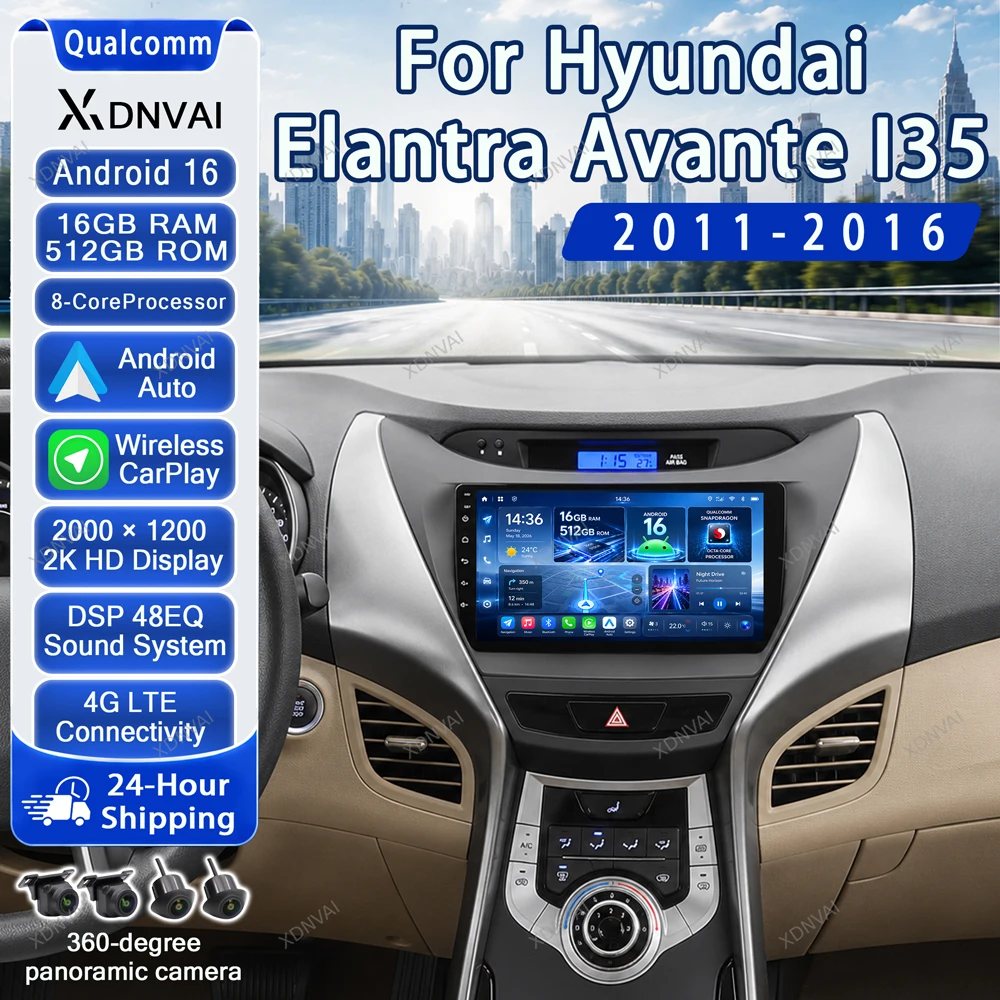 Android 16 Video Player For Hyundai Elantra Avante I35 2011-2016 Multimedia Car Radio Carplay Navigation RDS BT Qualcomm Stereo