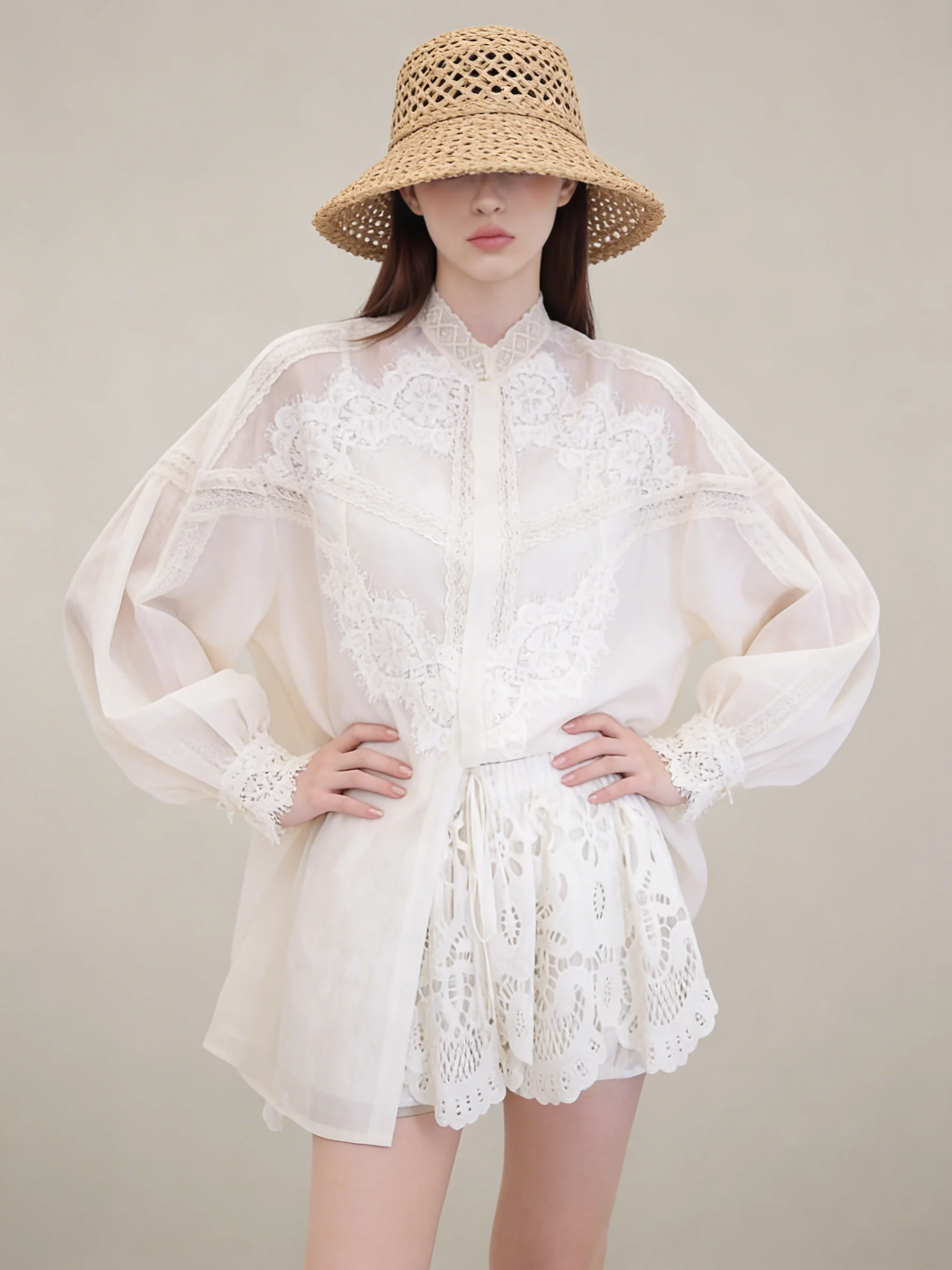 

2026 Summer Fashion White Lace Long Sleeve Top And Pants Set Women's Loose Feel Whole Set Casual Style High Waist Spring Wear