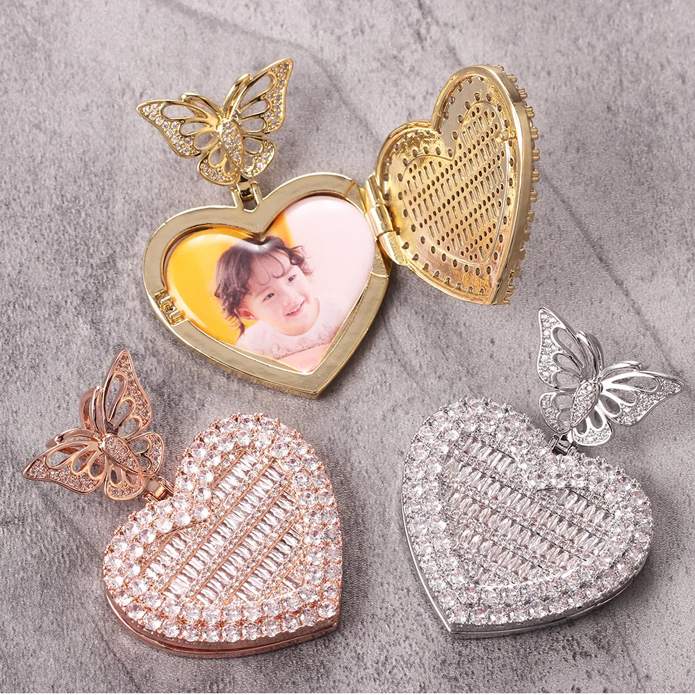 

2pcs/ Bag Hip Hop Butterfly Hook Picture Necklace Iced Out Brass Gold Plating Zircon Personalized Photo Frame Memory Pendant