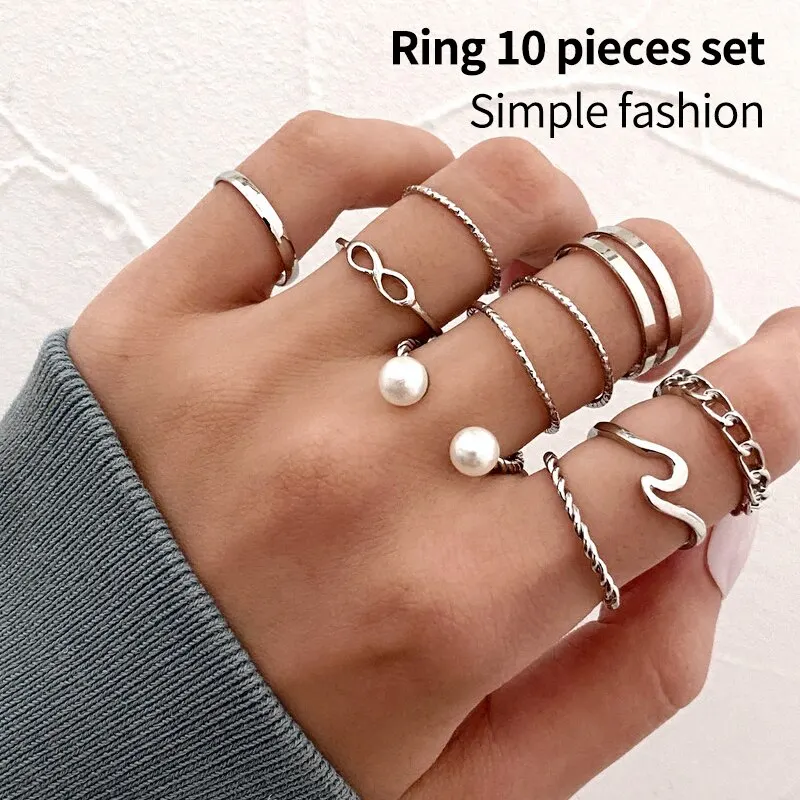 Ring Style Alloy 10 Piece Set Pearl Geometric Heart Shaped Silver-Plated Embedded Ring Set Creative Simple Joint Ring