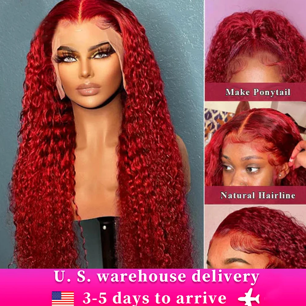 28inch Deep Curly Wave Lace Frontal Wig Human Hair HD Red Deep Wave Lace Frontal Human Hair Wigs For Black Women 180Density