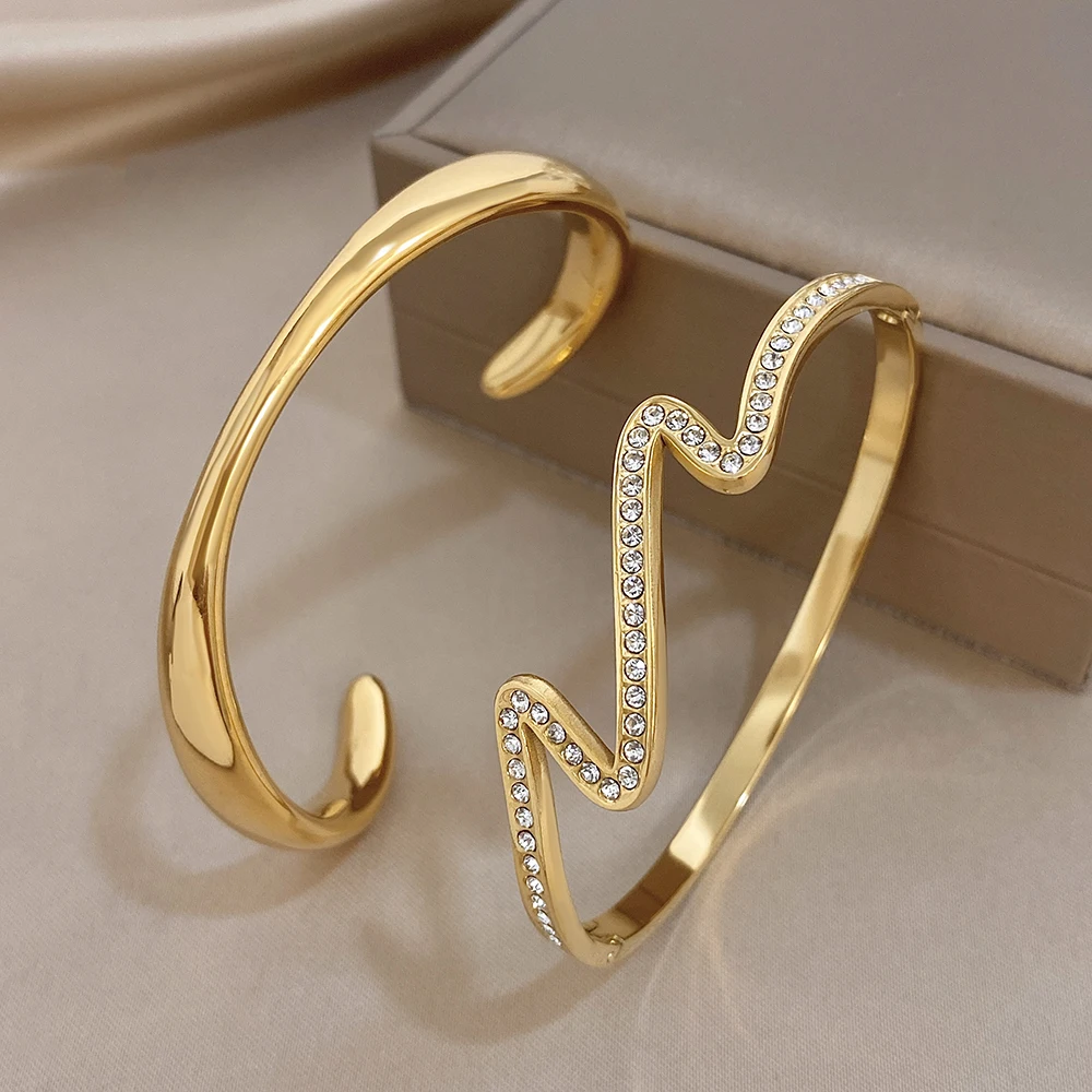 Minimalist Gold Plated Stainless Steel Wave Zircon Bangle Set For Women Open Cuff Bracelet Stackable Waterproof Jewelry Gift