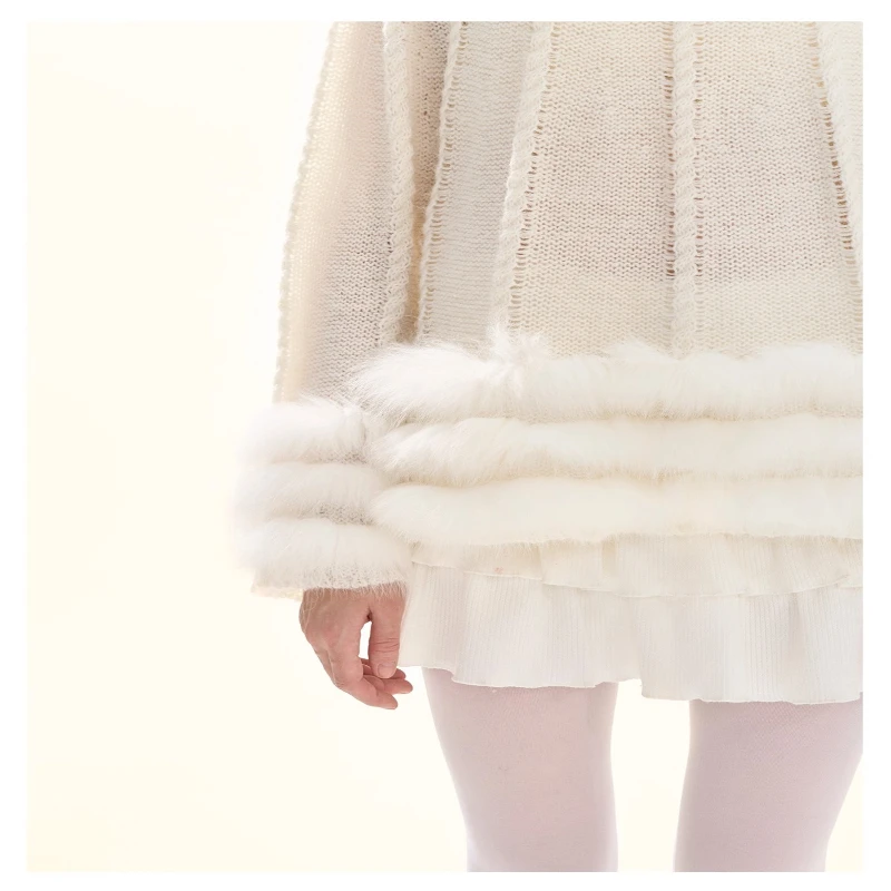 تصميم فرنسي ملابس نسائية 2025 خريف شتاء جديد أبيض حلو لطيف الراقية الفراء الربط فضفاض كابل متماسكة سترة السيدات #6