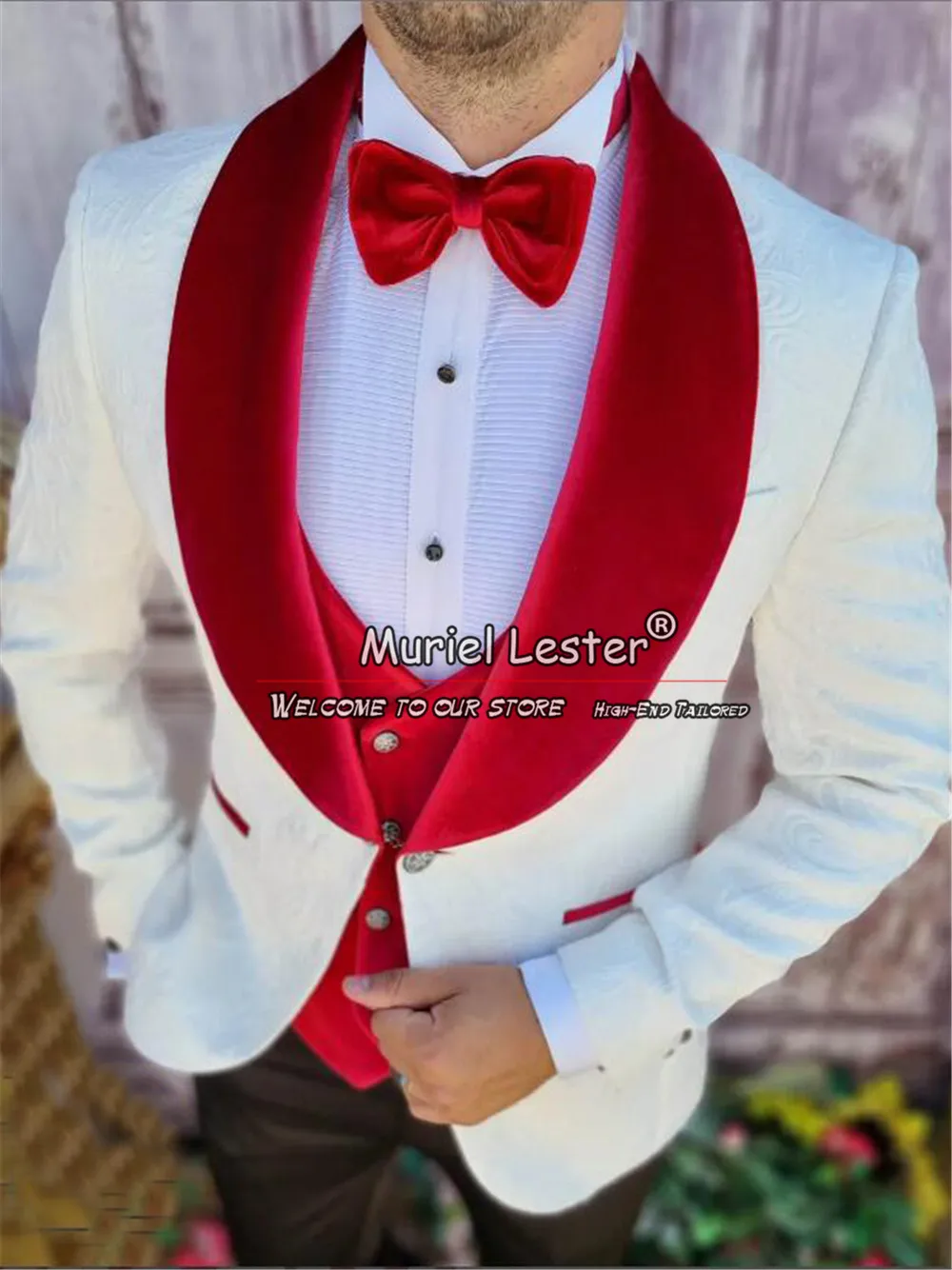 Elegant Floral Wedding Suits For Men Red Vlevet Lapel Jacquard Groom Tuxedos 3 Pieces Bespoke Prom Blazer Sets Terno Masculino