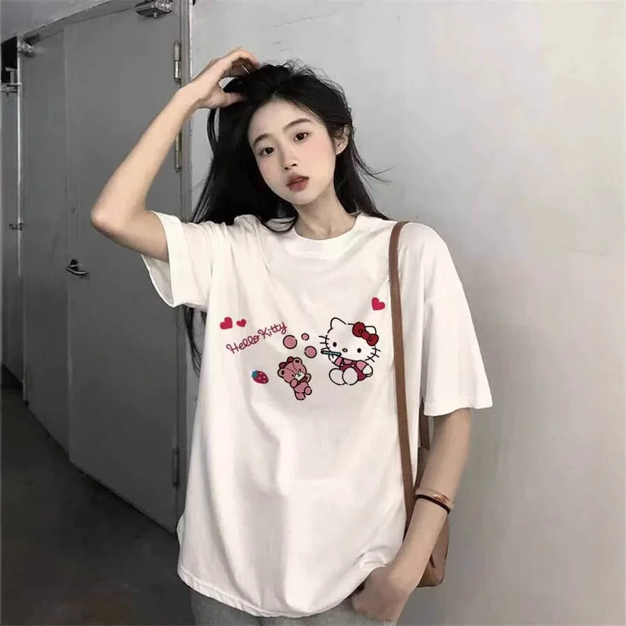 

Женская футболка с принтом «Hello Kitty My Melody Cinnamoroll», новинка лета, однотонный повседневный топ с короткими рукавами и рисунком аниме «Hello Kitty My Melody Cinnamoroll