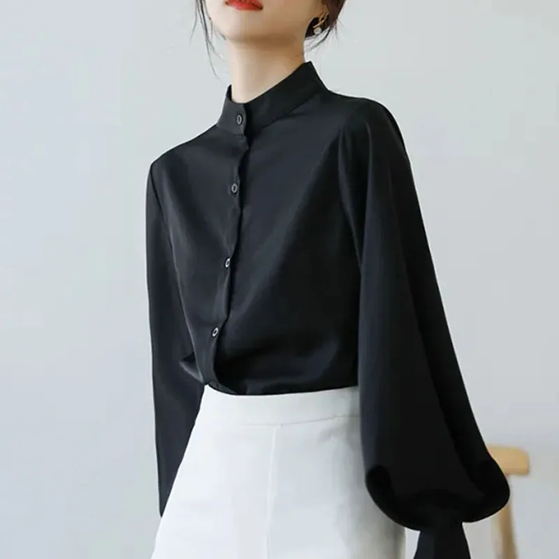 Women Solid Shirt Elegant Stand Collar Lantern Long Sleeve Female Blouse Summer Korean Fashion Office Button Ladies Tops