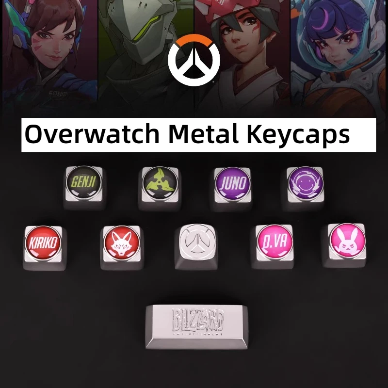 [Oficial] 1 Pieza de Tecla Metálica para Juego Overwatch, Tema D.Va Genji Kiriko, Tecla de Aleación de Aluminio, Altura R4 OEM, Relieve Estereoscópico