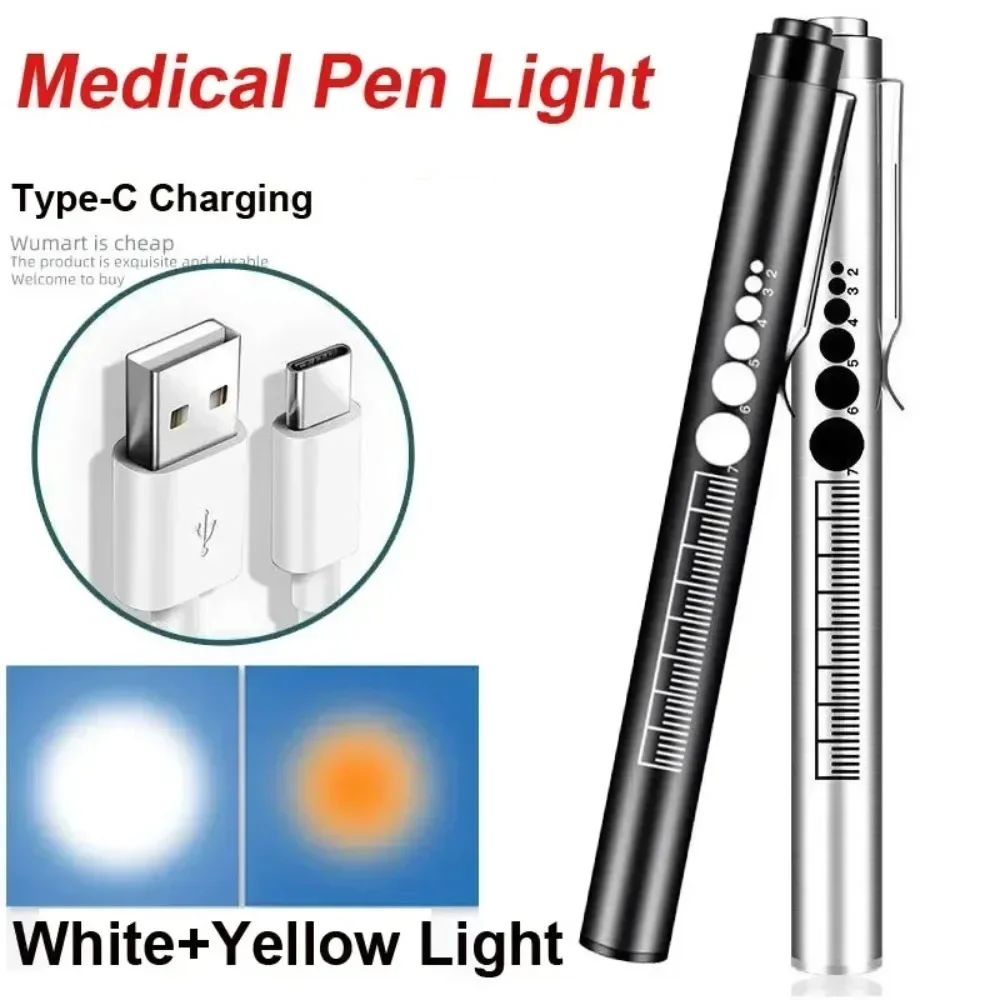 2 in 1 Pocket Led Flashlight USB Rechargeable Medical Handy Pen Light Mini Nursing Torch Lamp with Pupil Gauge
