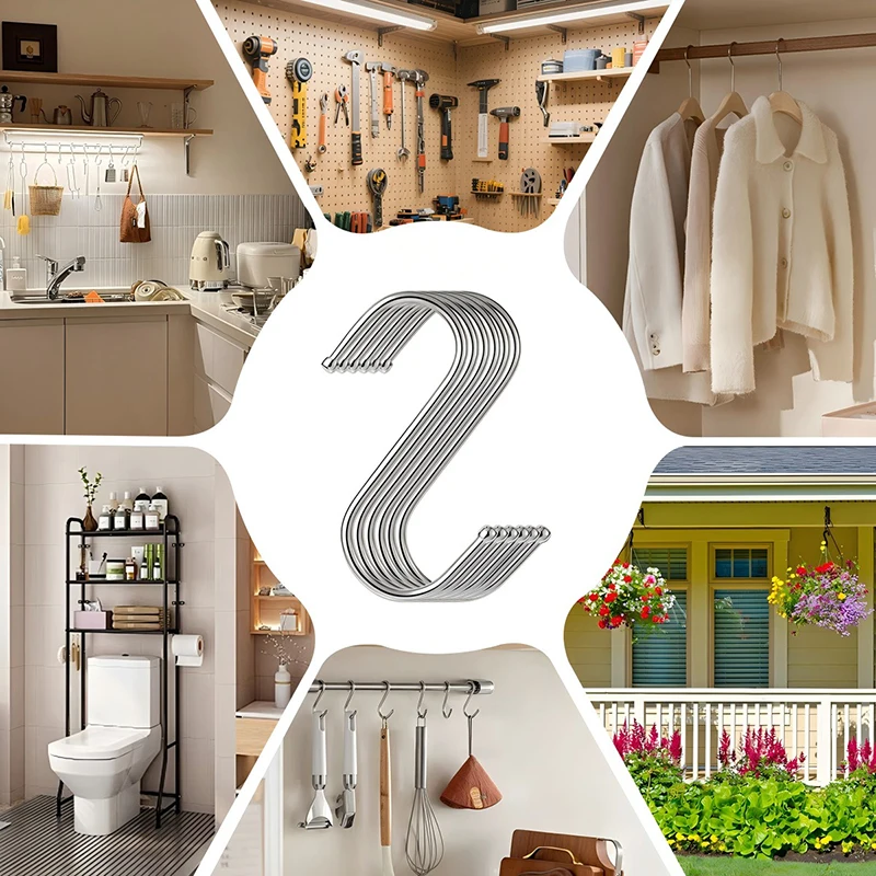 10pcs Stainless Steel S Shaped Hook Hanging Hooks Multi-function Towel Hook for Kitchen Storage Bathroom Accessory YGG001
