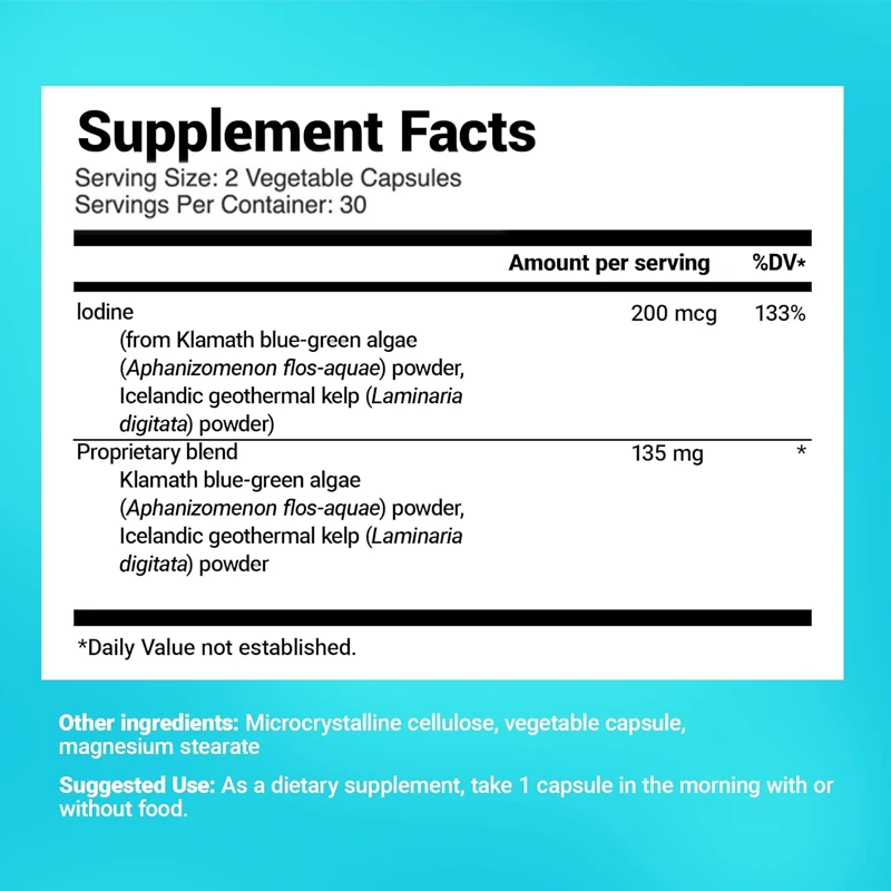 Iodio potenziato con alghe 200 micri di miscela di alghe allo iodio di alta qualità, comprese le alghe blu-verdi di natale e le capsule di alghe 60